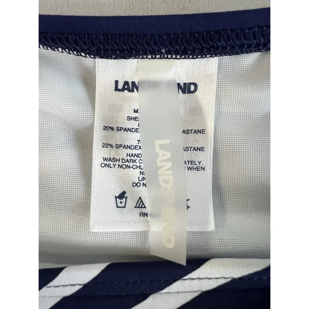 Lands End 14D Swimsuit‎ Tankini Tank Top Navy Blue Stripe High Neck UPF50 NWOT